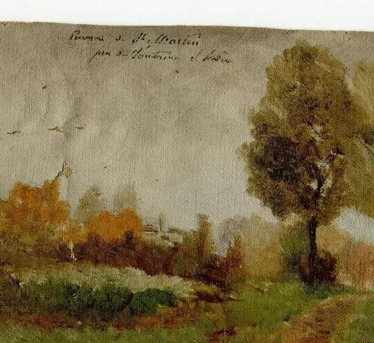 Antique Oil Original Painting Landscape Fountain s/Saône, Moutrin? French image 4