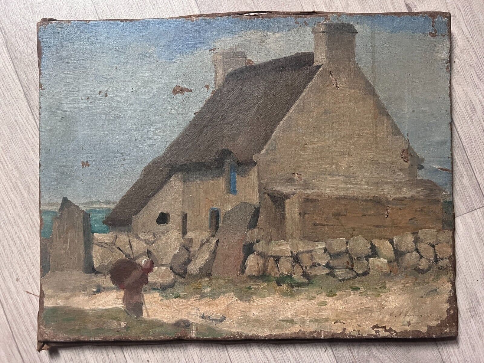 Antique Original Painting Landscape, Woman, House, Bretagne, Working Life image 6