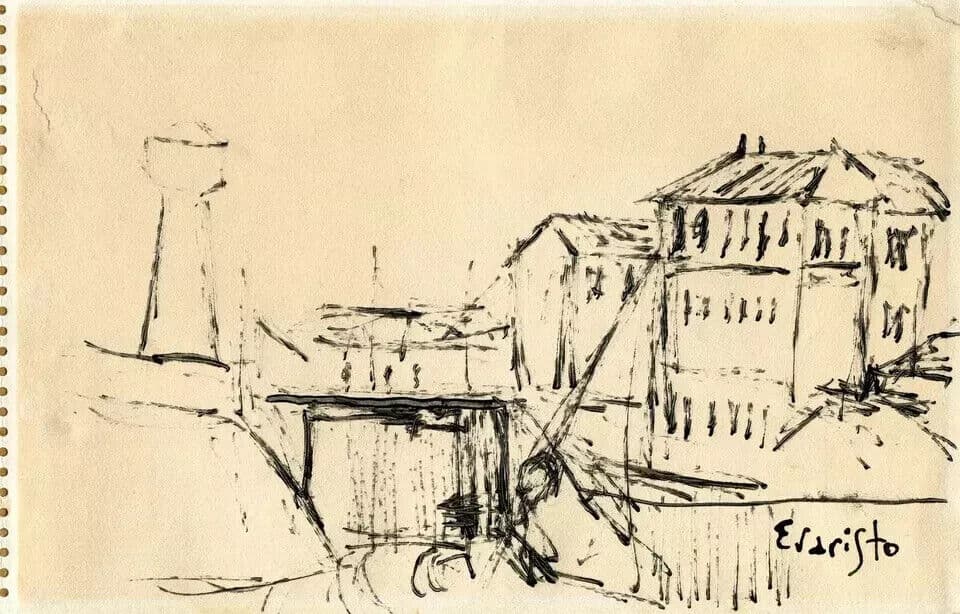 Antique Original Drawing Ink EVARISTO (1923-2009) Village Landscape image 6