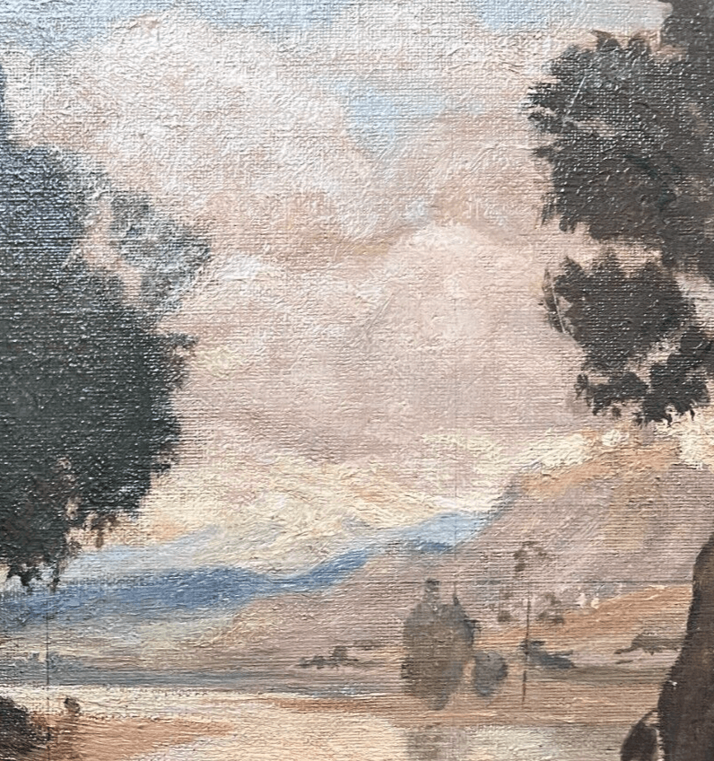 Antique Painting Oil on canvas 19th century Mountain Landscape, People, Trees image 5