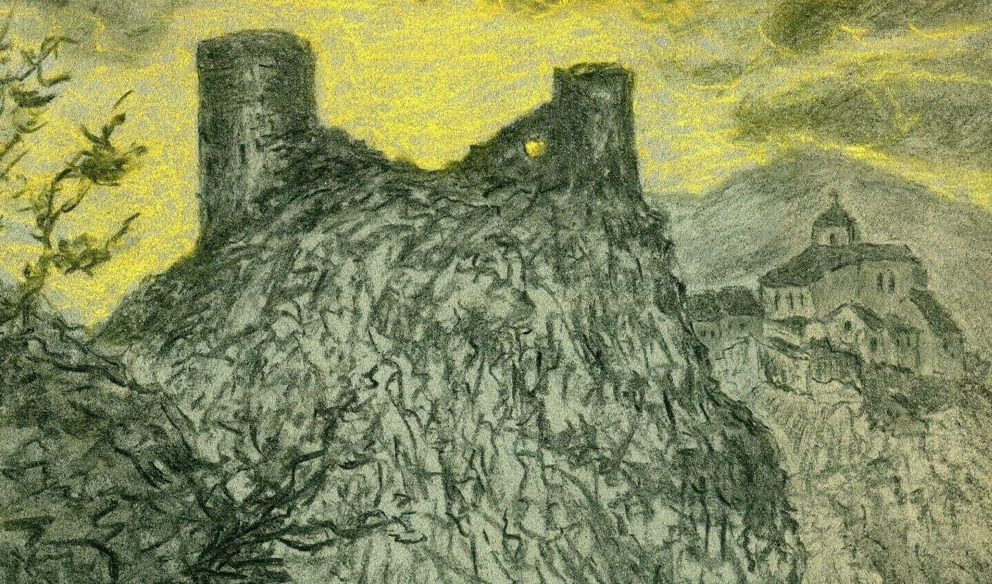 Vintage Drawing Original signed Paul LERICHE (1876-1927) - Ruins Castle Sunset image 1
