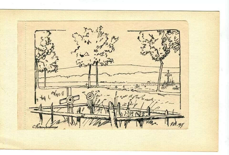 Vintage Ink Original Drawing Champenoux Cemetery Landscape Artwork image 7