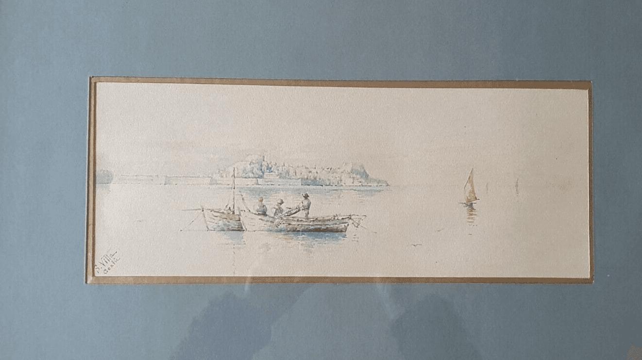 Antique Painting Original Landscape, Corfu, People, Cityview, Boat, Sea image 2