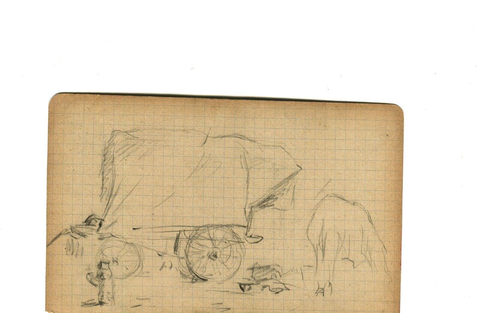 Vintage Pencil Original Drawing Caravan, Plow Sketch, Life Scene image 5