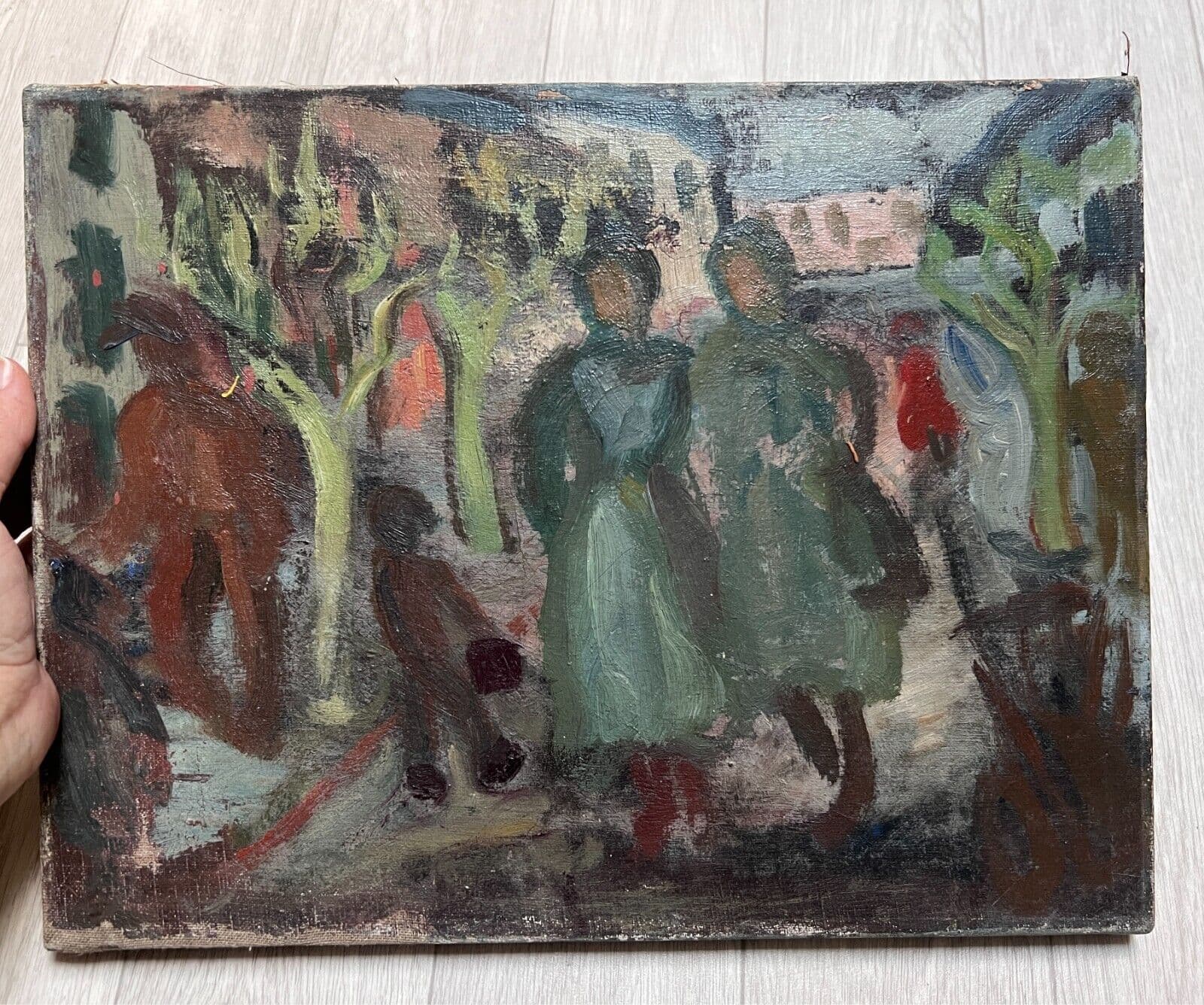 Antique Original Painting People, Cityview, Life Scene, Buildings c. 1920 image 2