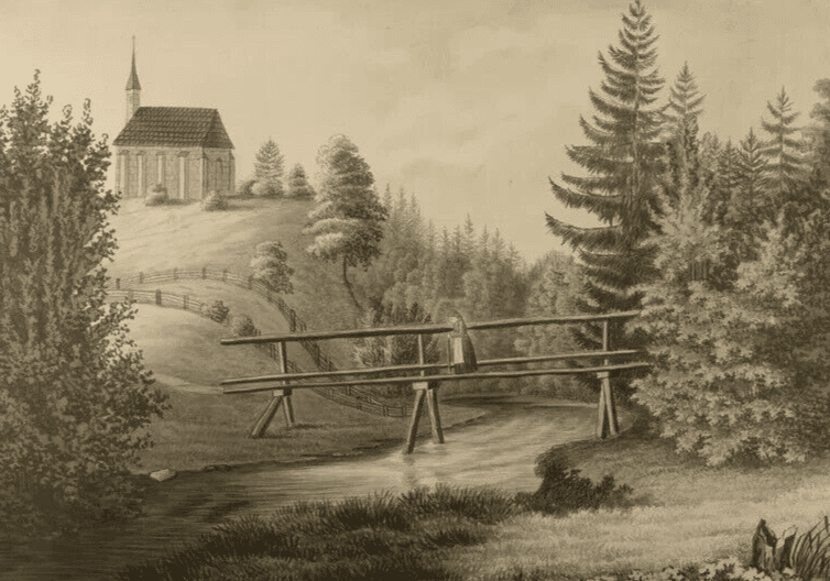 Antique Ink Drawing Original 19th century Woman on a Bridge by a Forest image 1