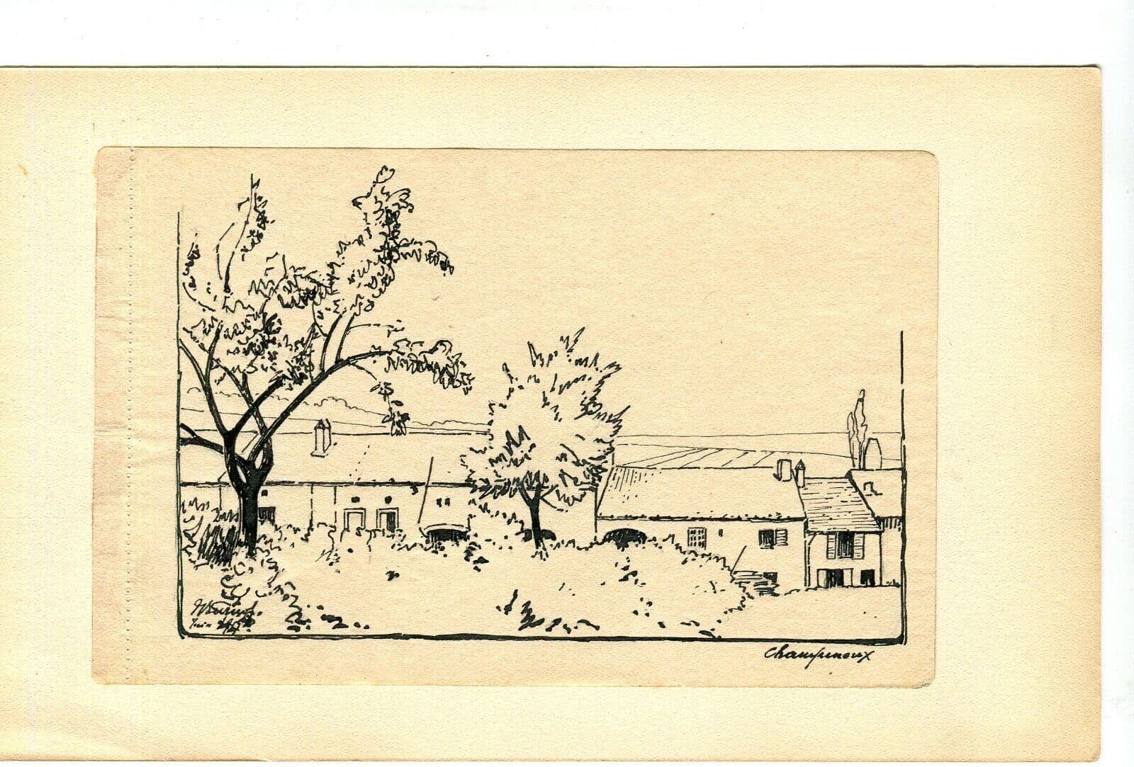Vintage Ink Original Drawing signed Champenoux, Houses and Trees image 6