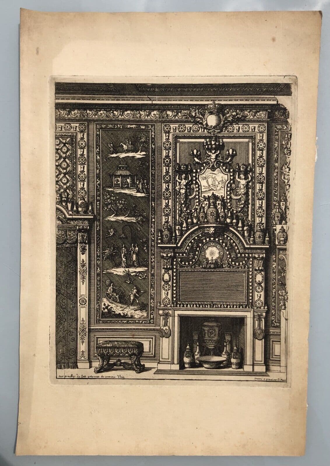 Antique Original Etching Jean MAROT Mariette, Fireplace, Architecture x7 image 2