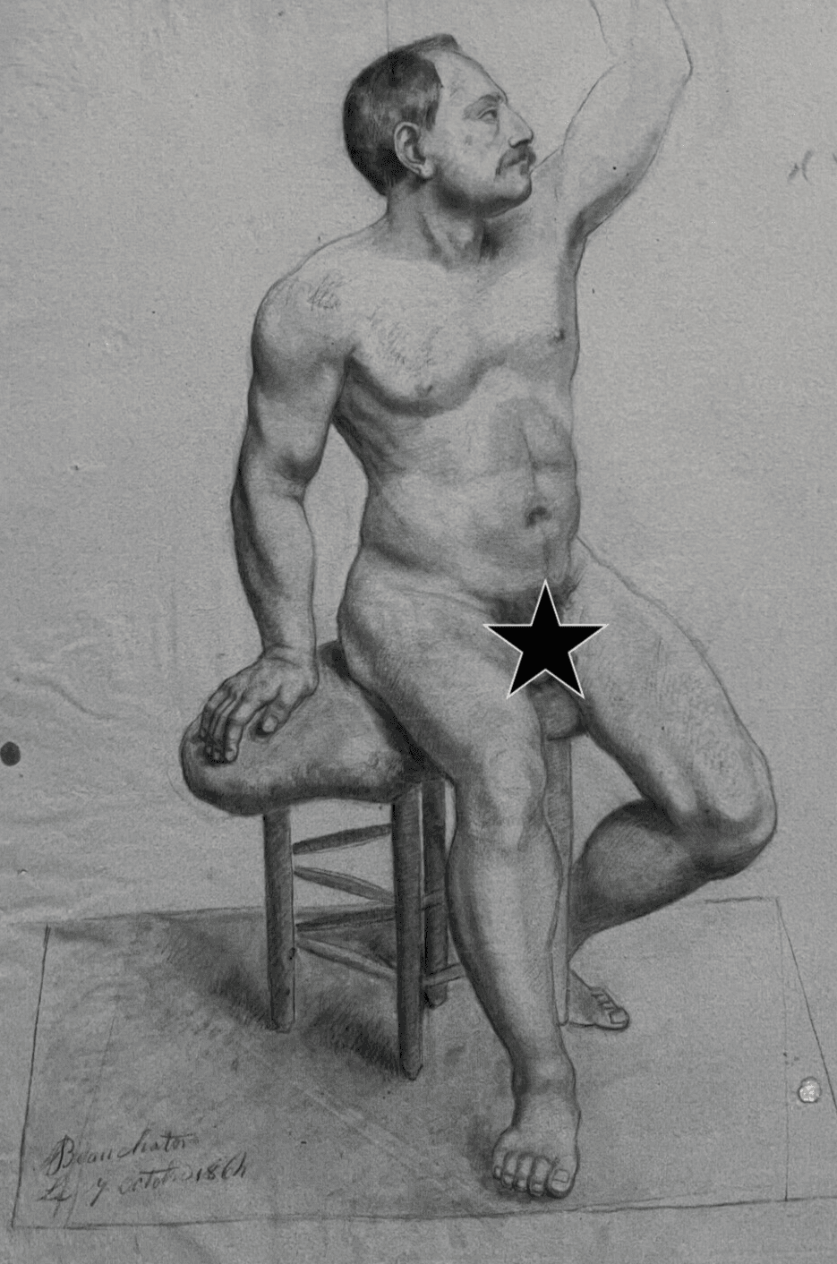 Antique Original Drawing Charcoal 19th century Nude Man Portrait 1864 image 1