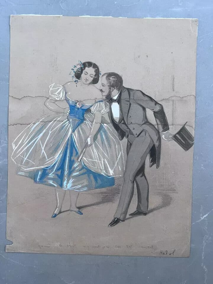 Original Antique 19th century Drawing Couple Dancing image 7