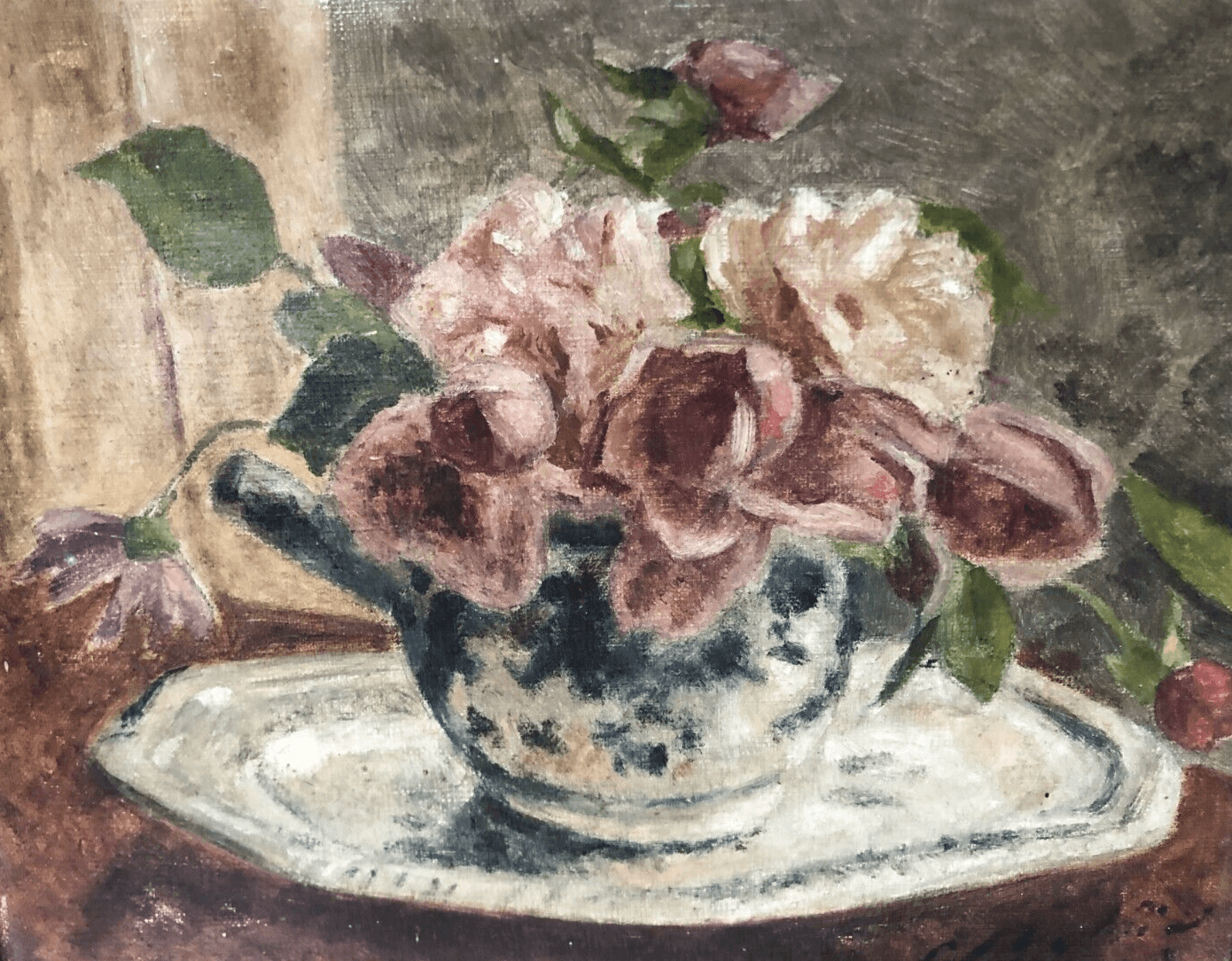 Antique Original Painting Still Life, Bouquet, Flower, Roses, Floral signed