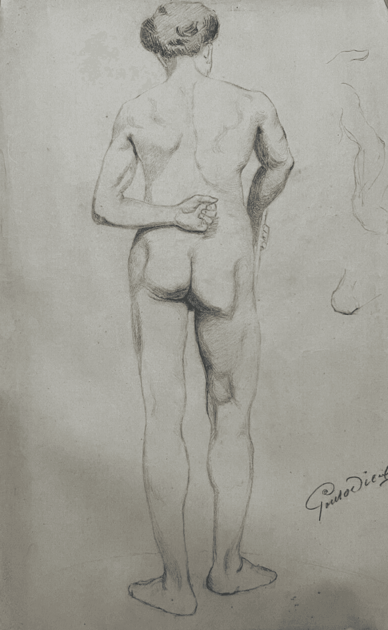 Antique Original Drawing Man, Portrait, Academic, Nude, Stick image 1