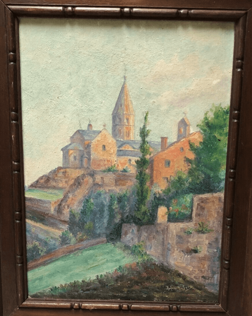 Antique Oil Original Painting City Town Landscape, Village image 5