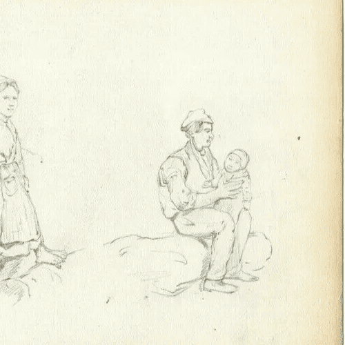 Vintage Old Pencil Drawing of Figures, Peasant and Baby image 4
