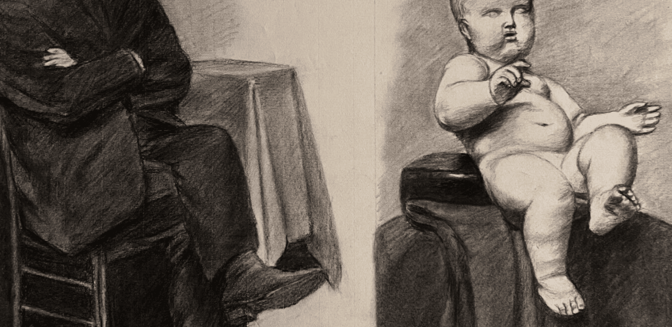 Antique Drawing Original Charcoal Man Portrait, Baby signed image 4
