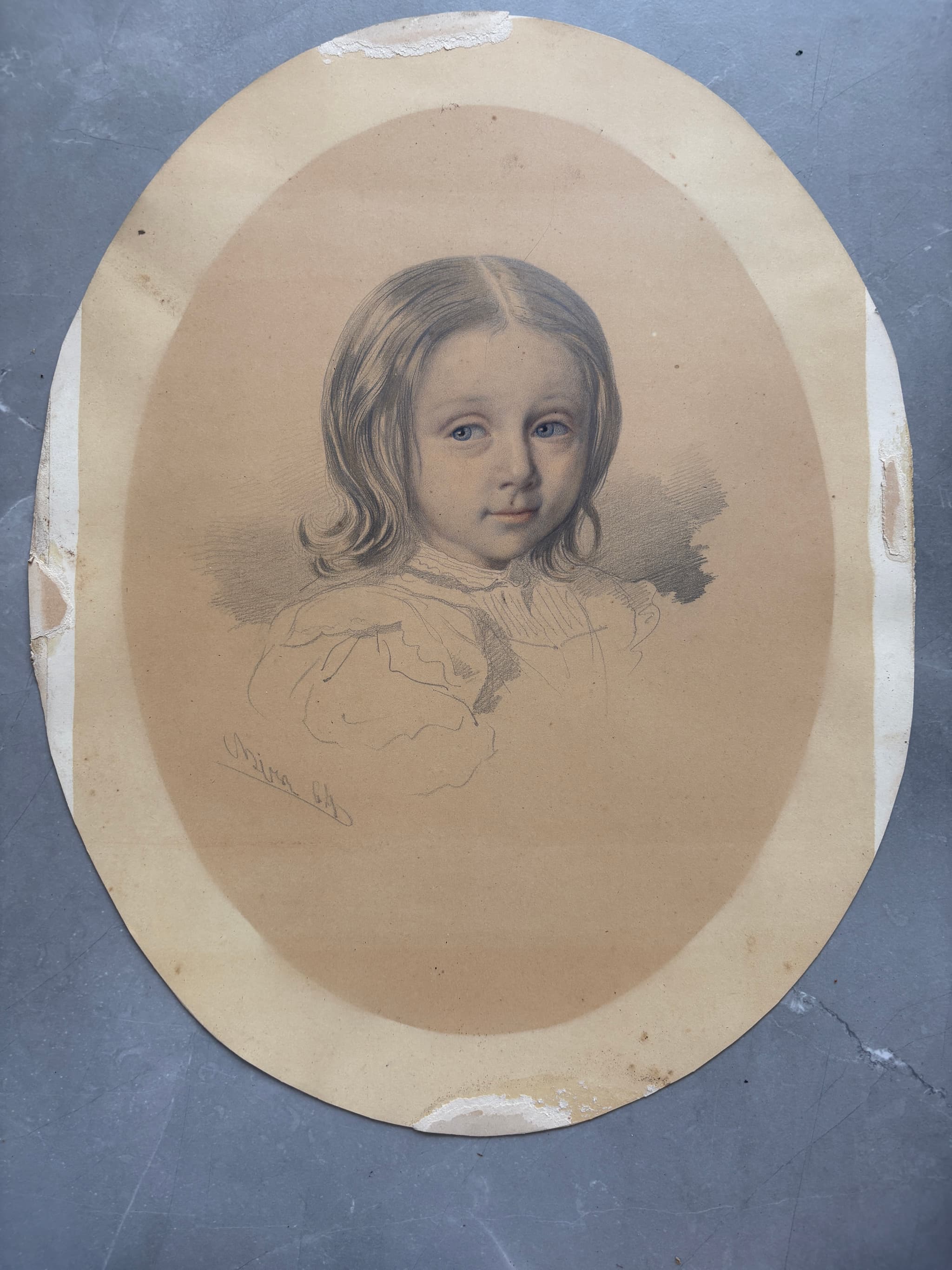 Antique Original Pencil Drawing signed Girl Portrait, Child 19th century image 1