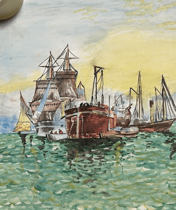 Antique Original Drawing Seaview, Boars, People, Sunset, Landscape image 2