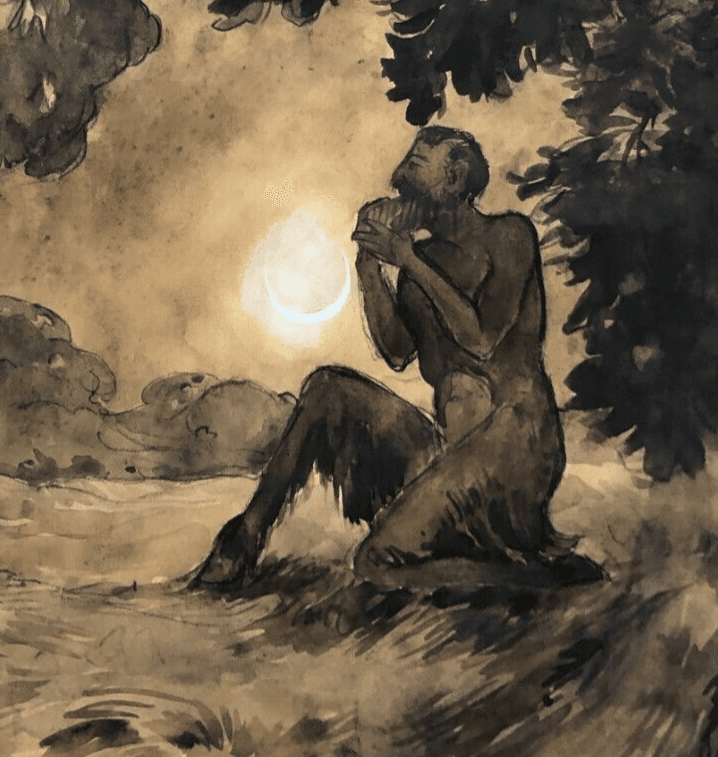 Original Antique Drawing Pan in the Forest at Night, Moon image 2