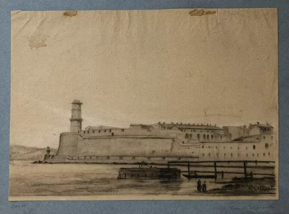 Antique Chacoral Drawing Original Maritime Port Landscape signed 19th century image 2