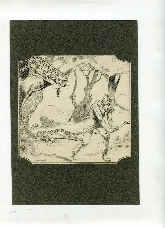 Vintage Print signed Buguet Jungle, Cheetah, Figure and Savannah image 2