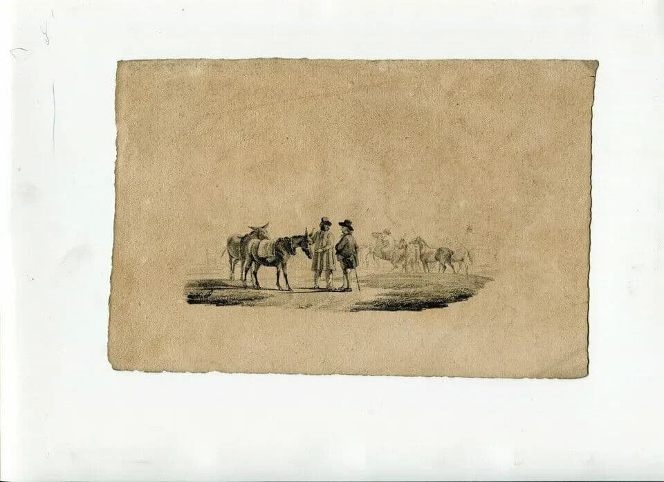 Antique Pencil Drawing 19th century of Horses and People image 5