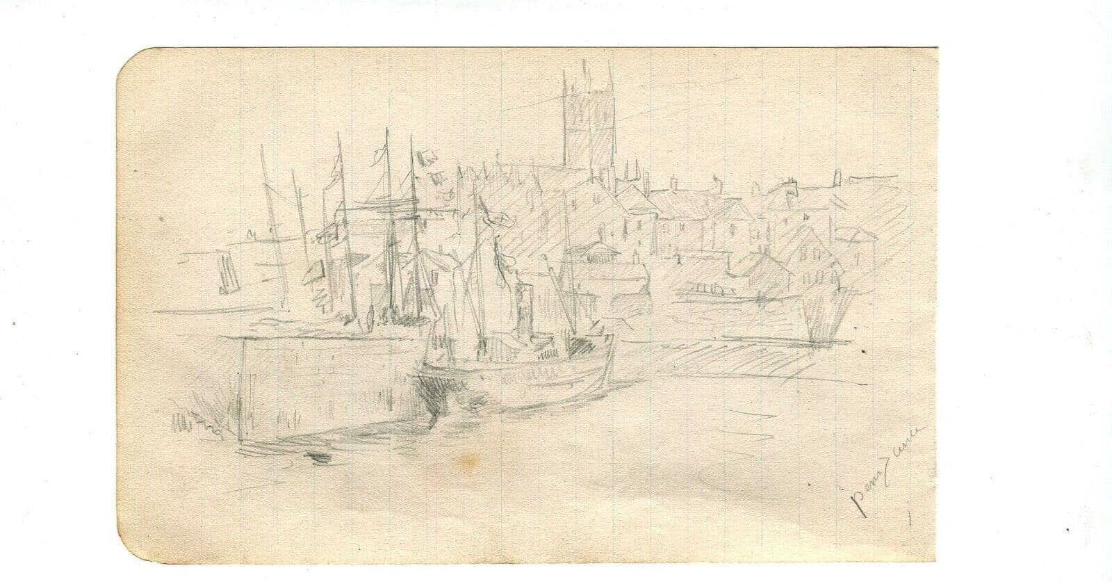 Vintage Original Pencil Drawing Port, Boat Landscape, Cityview Sketch image 2