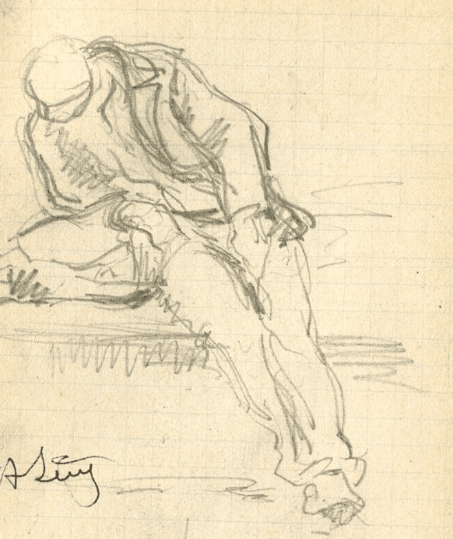 Antique Pencil Original Drawing signed Sketch Men Sitting image 3
