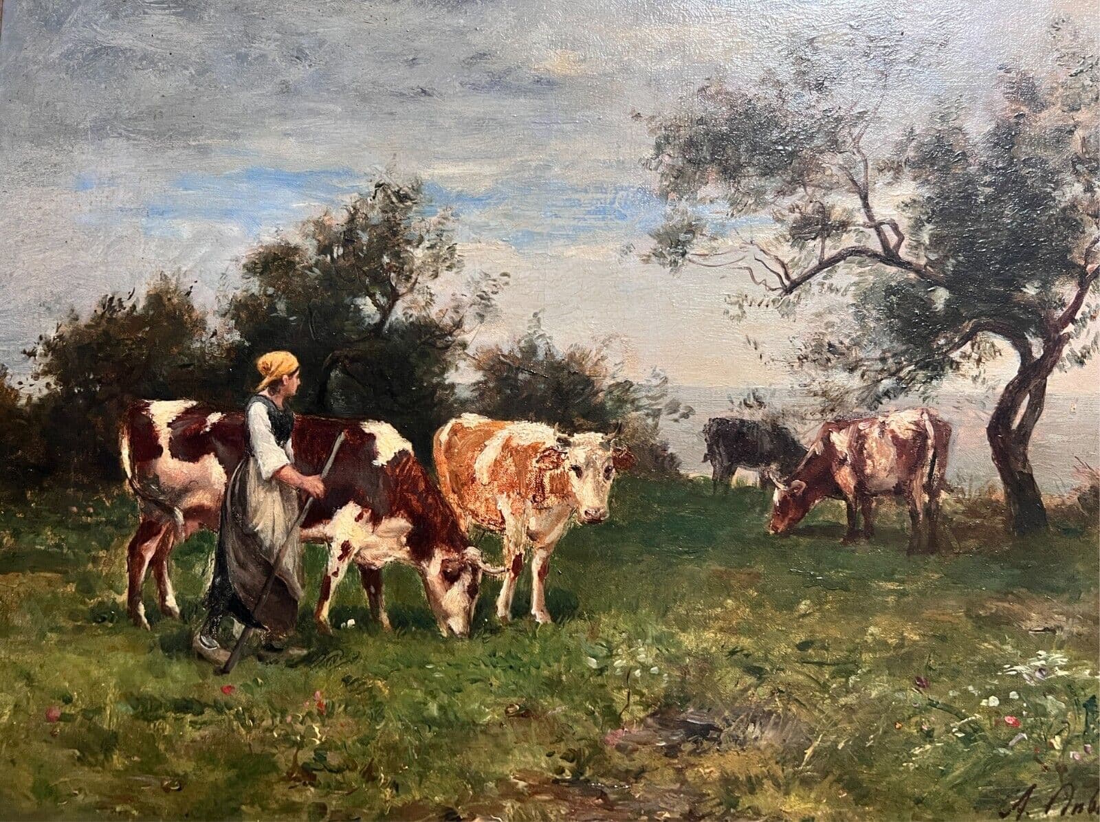 Antique Original Painting 19th century, Cows, Landscape, Farmer, Trees image 4