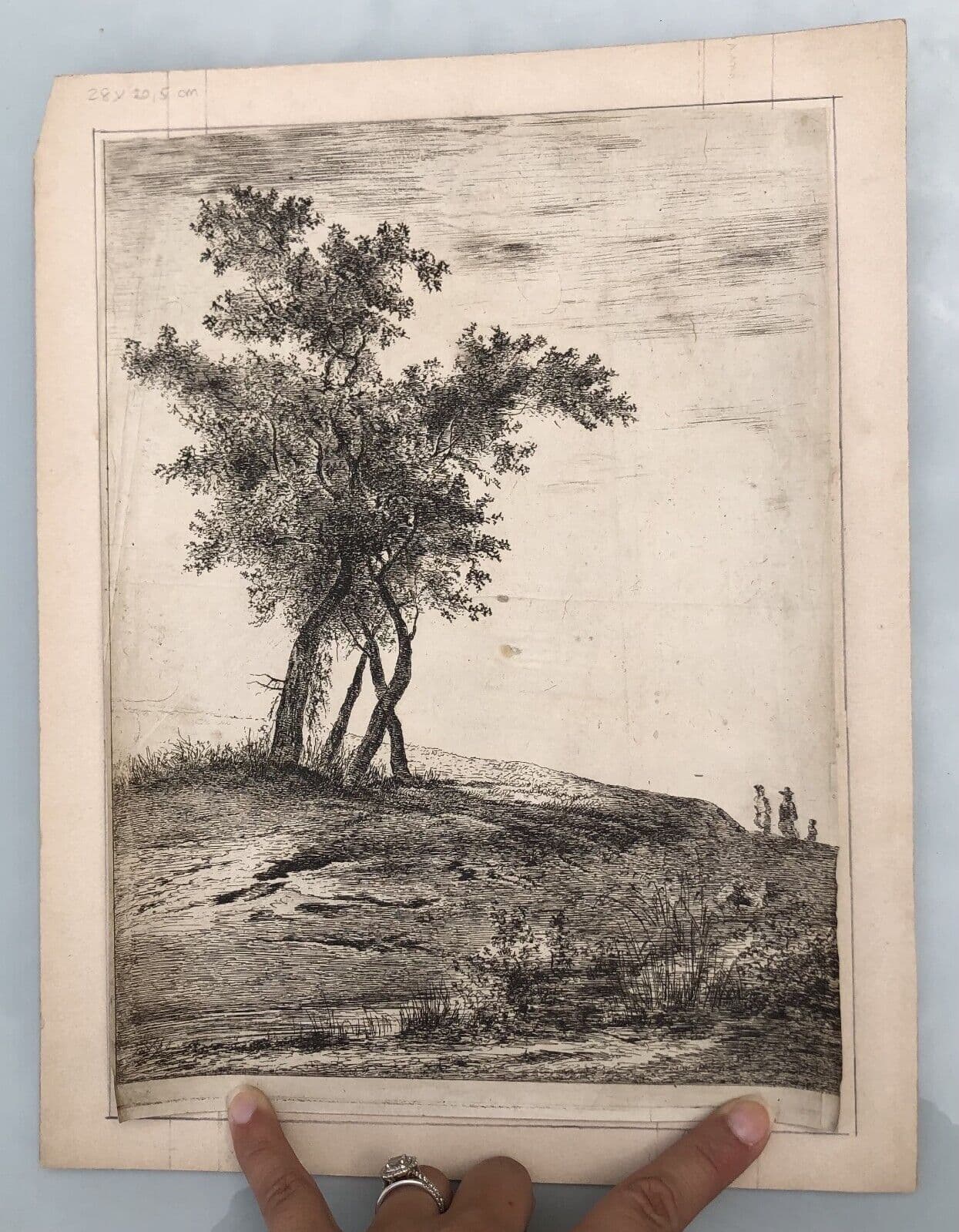 Antique Etching Original Landscape, Tree, People image 2