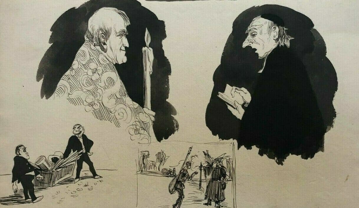 Antique Ink Drawing 19th century Priest, Religious, Scene de Genre