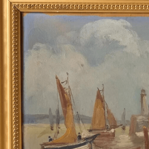 Antique Painting Original Old Maritime Landscape Boats Signed image 3