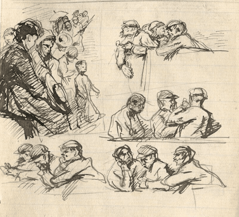 Vintage Ink Original Drawing Men Figures Impressionism Sketches