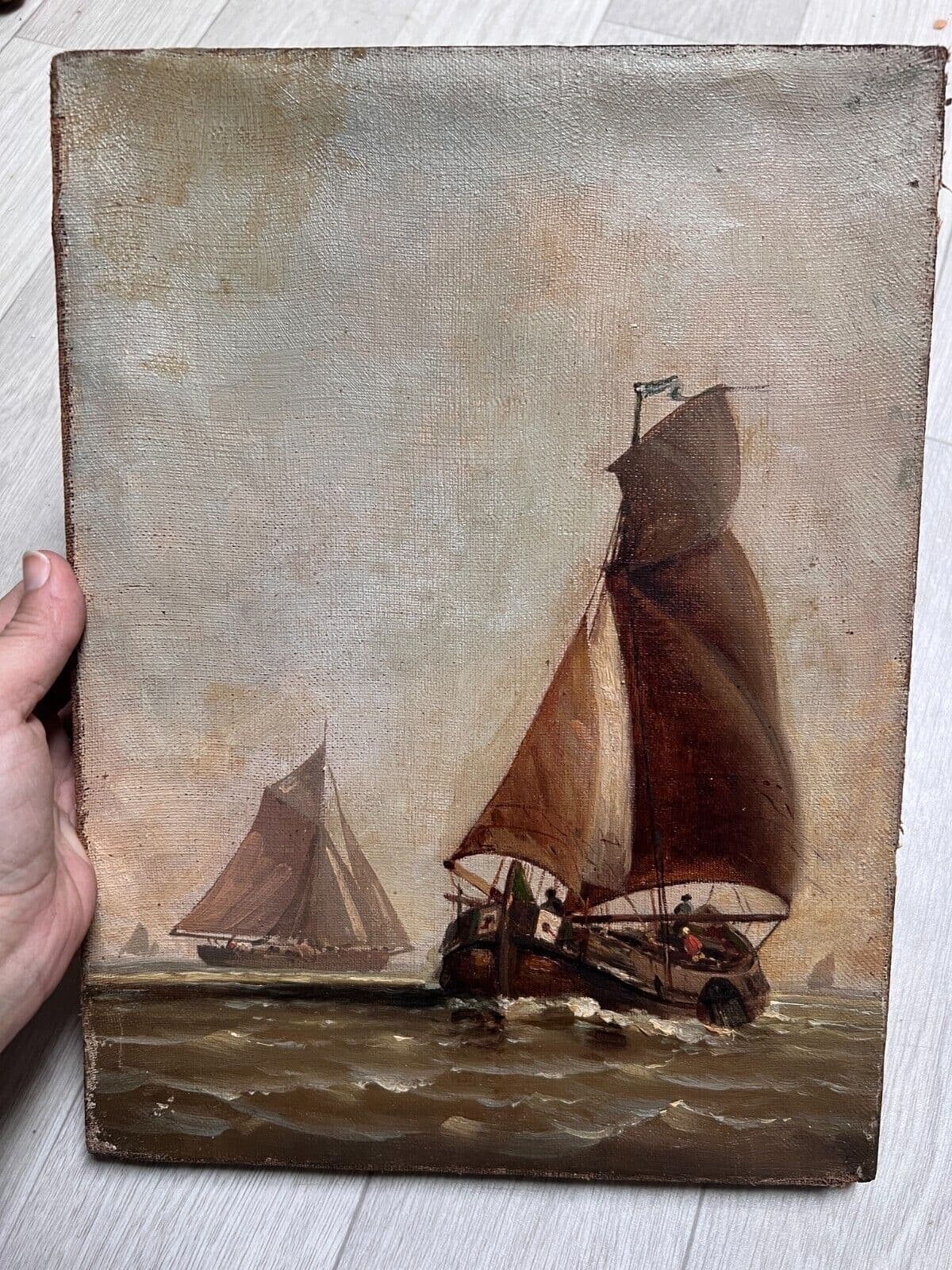 Antique Painting Original Landscape, Seaview, Boats, Seascape People signed image 2