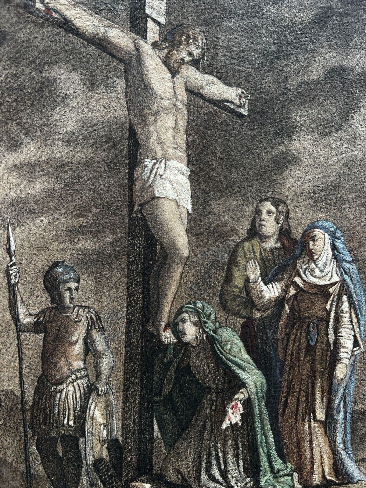 Drawing 19th century Religious Christ on Cross and People image 1