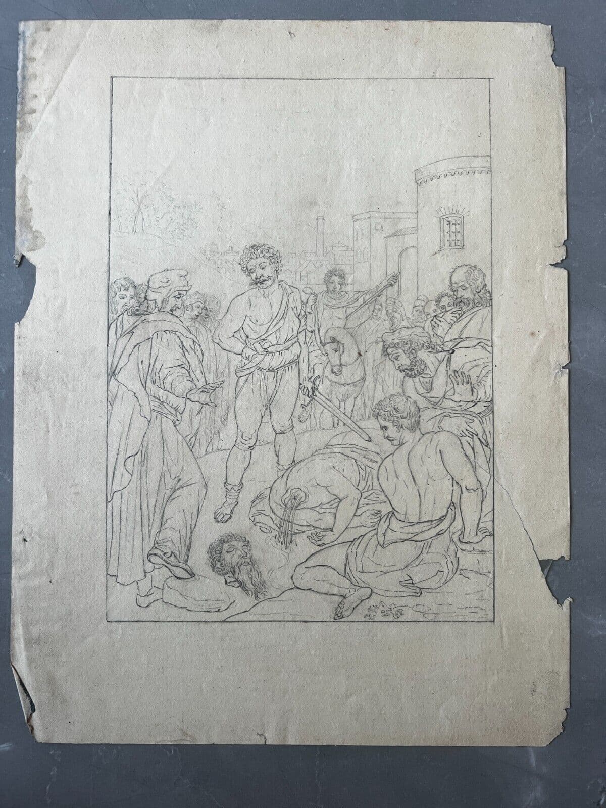 19th century Original Antique Pencil Drawing Historical Scene, Murder Artwork image 5