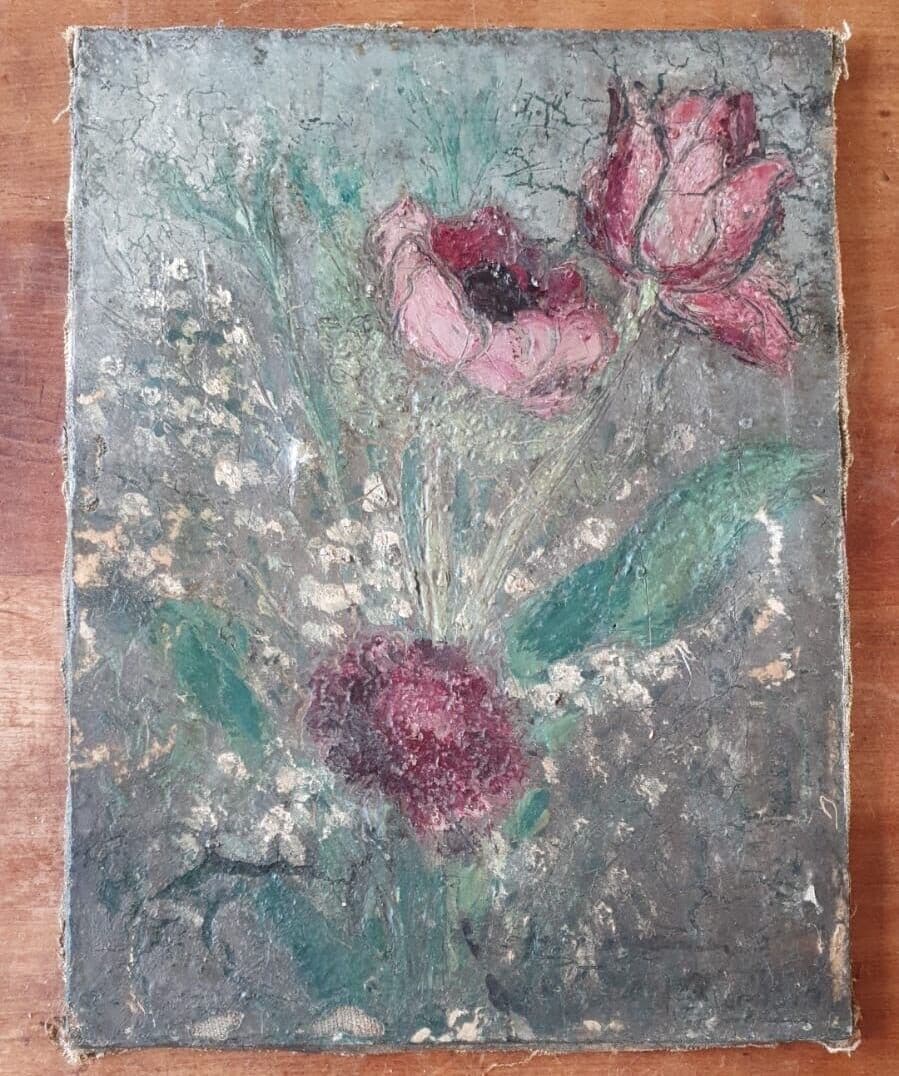 Antique Painting Original Flowers, Floral, Still Life, Poppy, Roses signed image 2