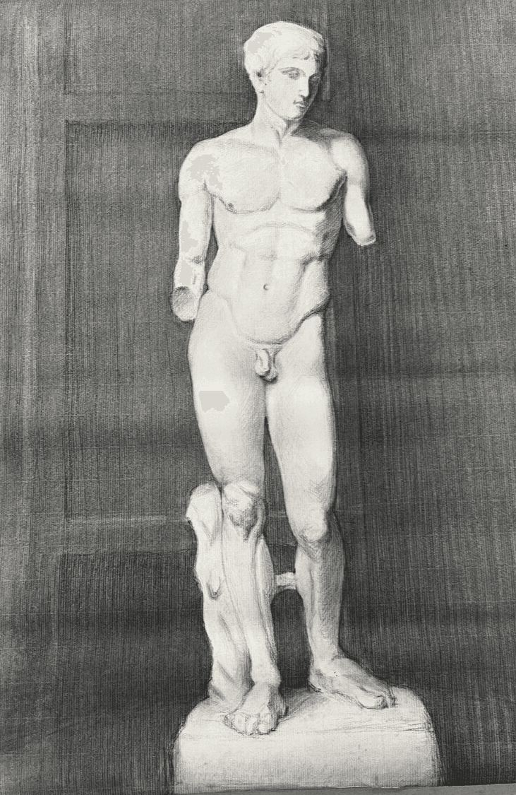 Antique Original Drawing Man, Portrait, Academic, Nude, Stick image 1