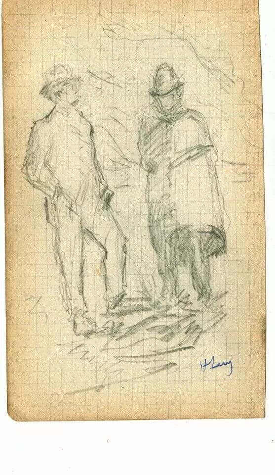Antique Pencil Original Drawing Men Figures with Hats Sketch, Artwork Signed image 5