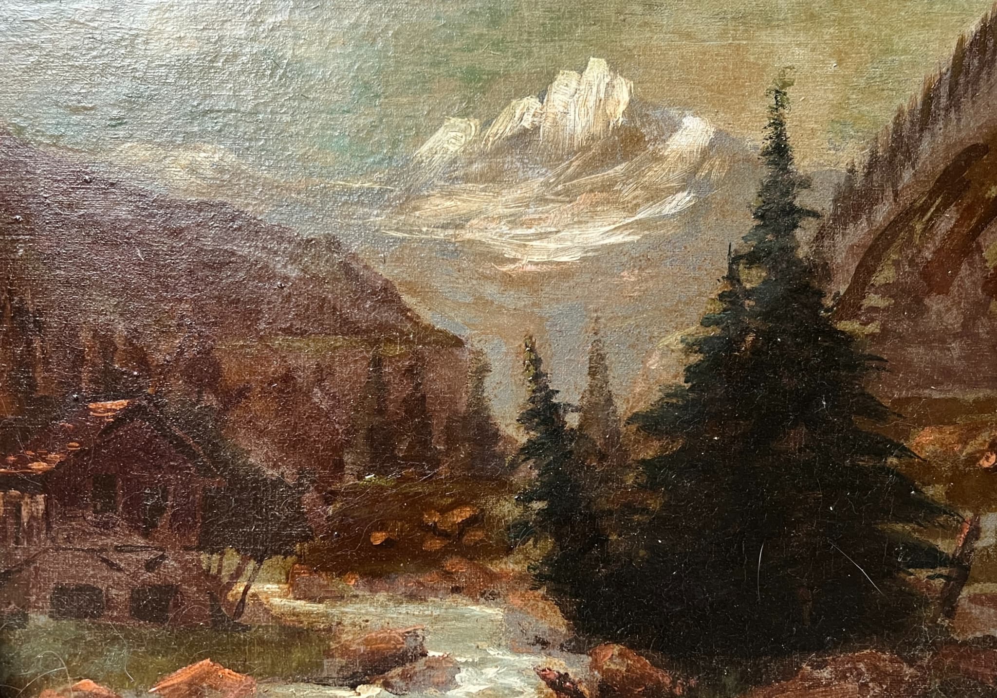 Painting Chalet River Mountain Landscape image 1