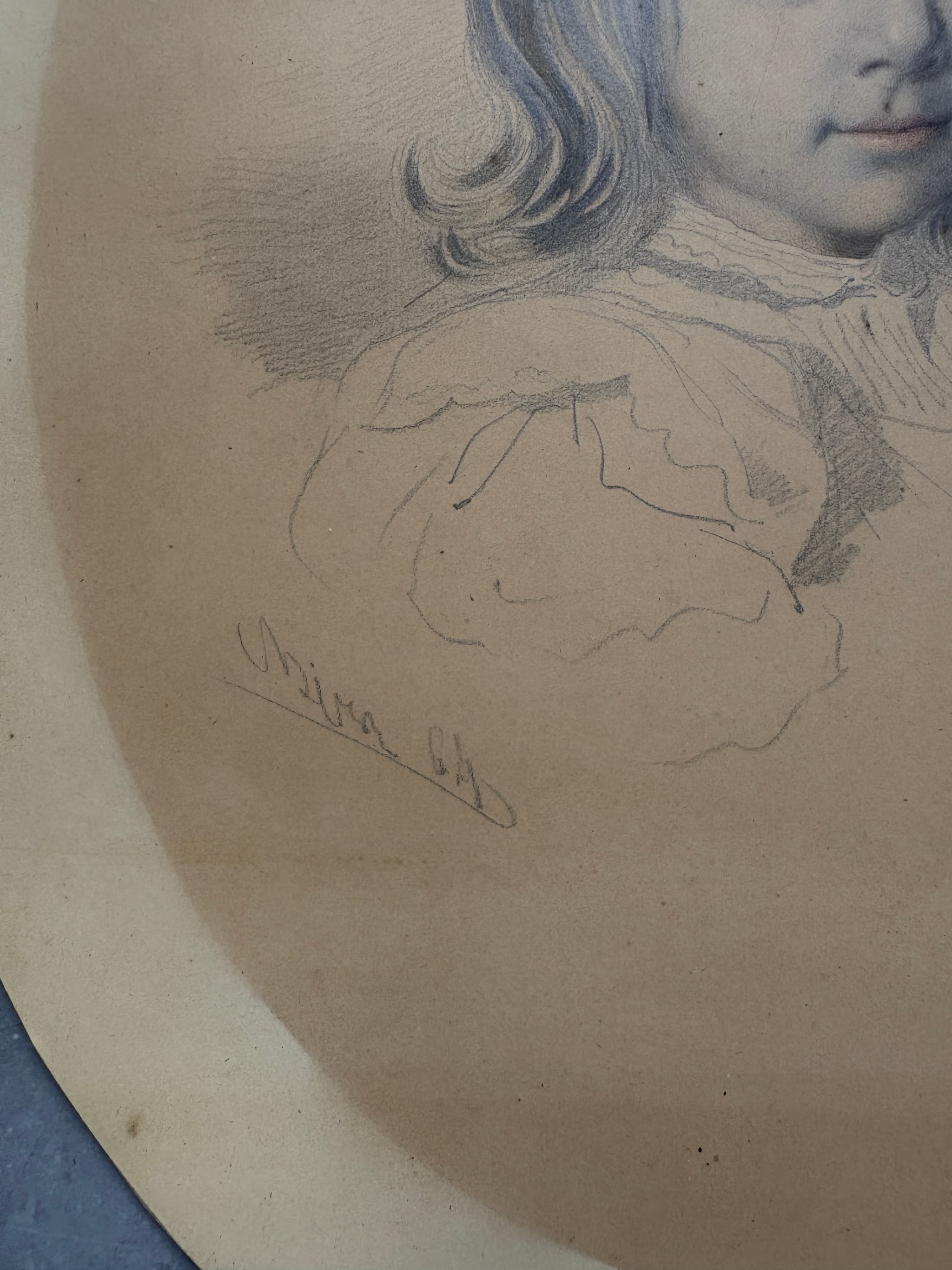 Antique Original Pencil Drawing signed Girl Portrait, Child 19th century image 2