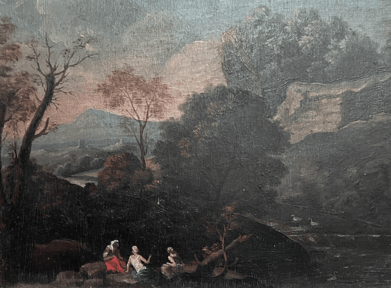 Antique Original Painting Landscape, People, Trees, Forest 19th century image 1
