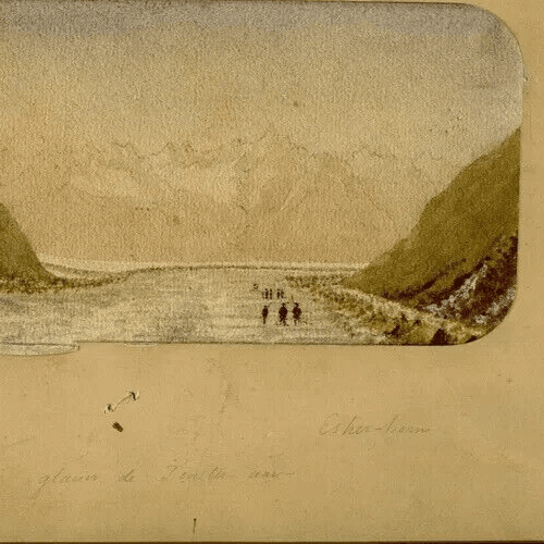 Antique Drawing Landscape 19 century Finsteraar Glacier Mountain Original signed image 6