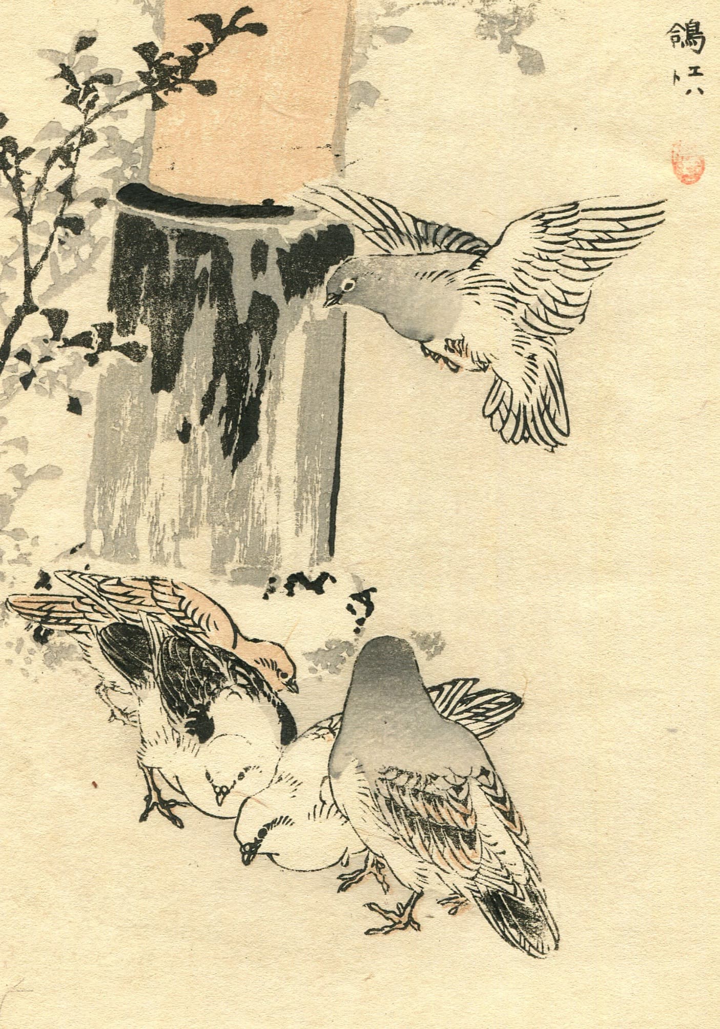 Pigeons Japanese Ukiyo-e Print c. 1890 image 1