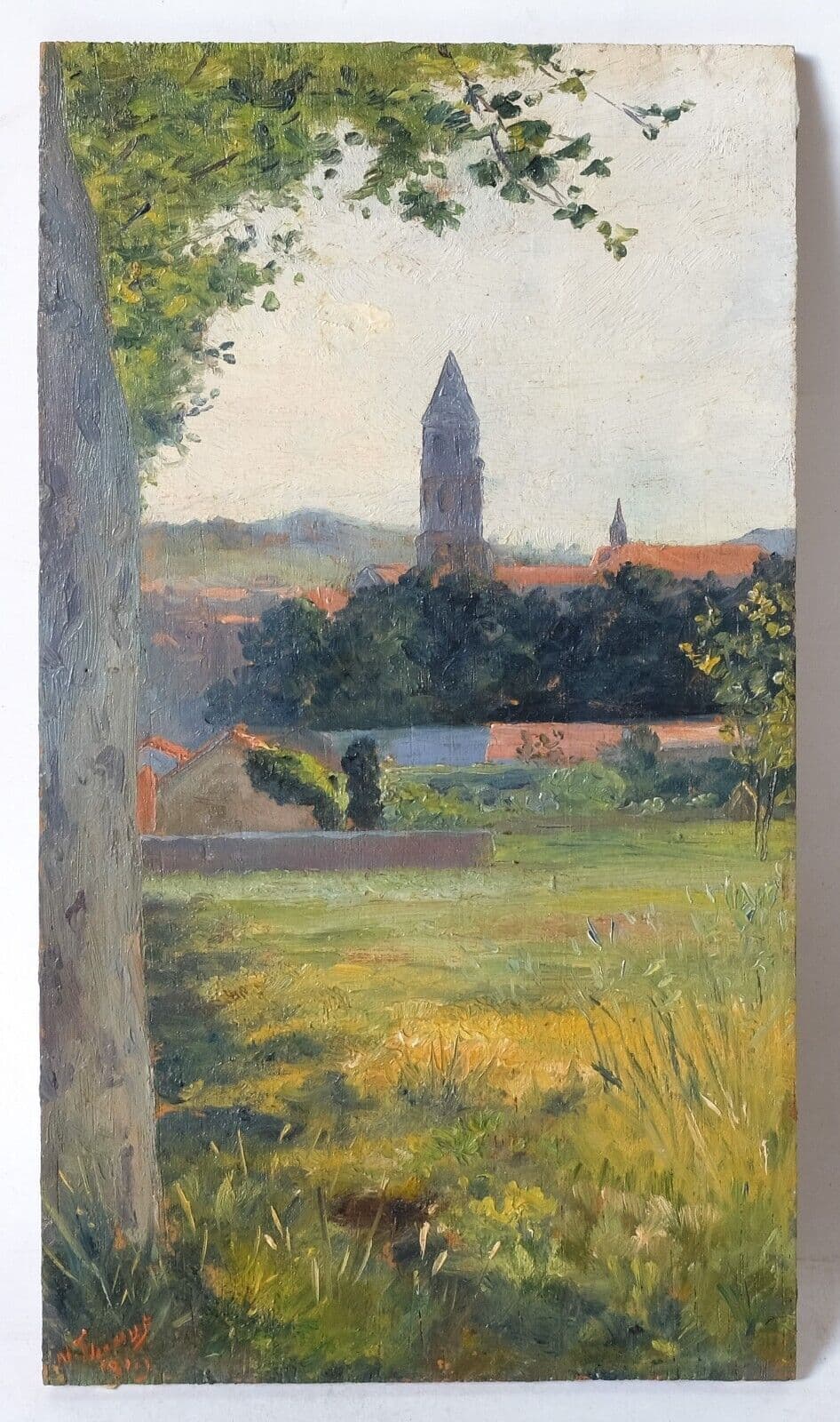 Antique Oil Original Painting Landscape, Village, Countryside Fields image 3