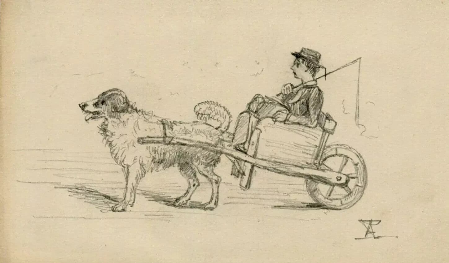 Antique Drawing Original Young Man on a Dog Plow image 6