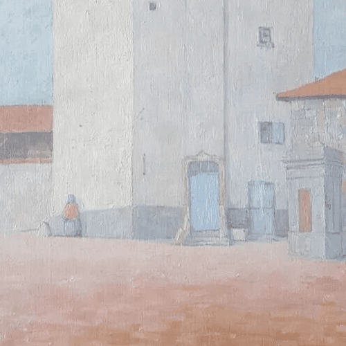 Antique Oil Original Painting City views Landscape, Houses and People image 6