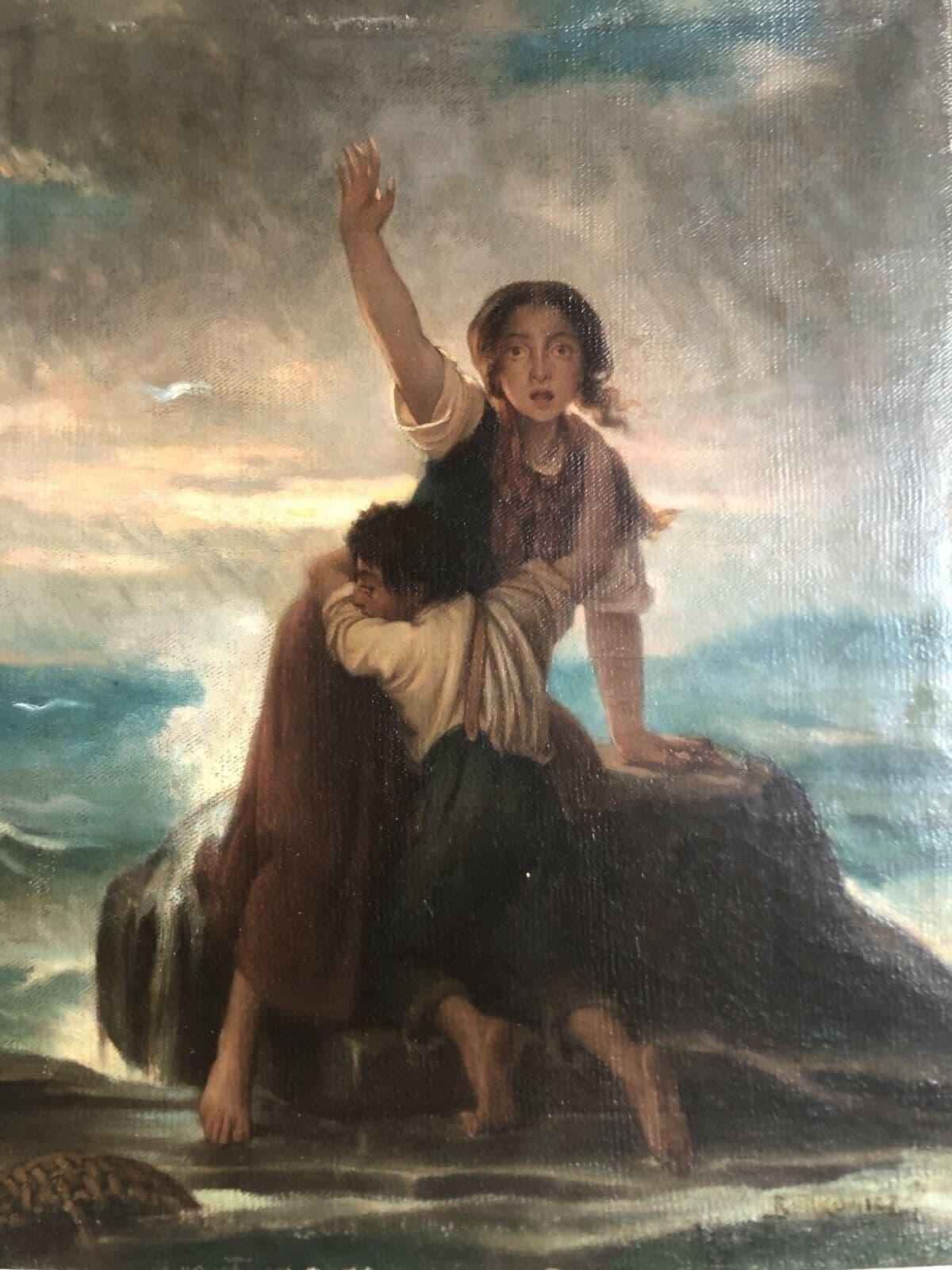 Antique Original Painting 19th century Woman Shipwreck with Little Kid signed image 1