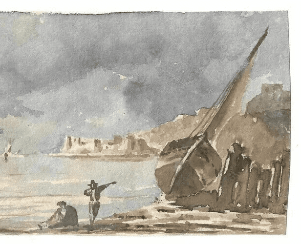 Antique Ink Drawing 19th century Seaview Landscape with Figures image 4