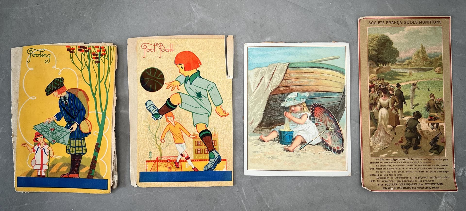 Set of 4 Vintage French Cards - Sports, Childhood, and Hunting Scenes