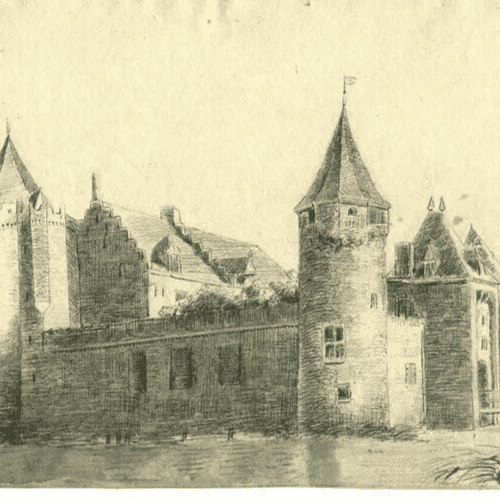 Antique Pencil Drawing Landscape, Castle, Architecture Original 19th image 4